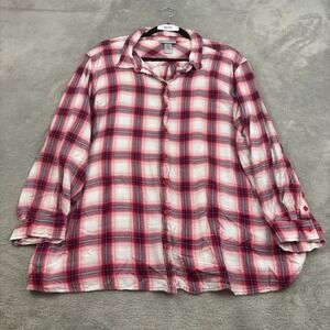 Catherines Plaid Shirt Women 2X Pink Button Up Long Roll Tab Sleeve Lightweight